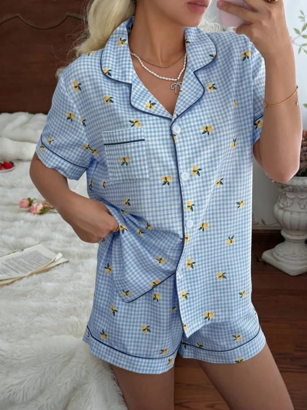 Blue Women's Lemon Plaid Print Button-Up Top and Shorts Pajama Set
